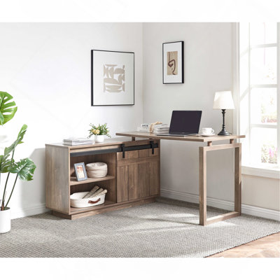 Crédence de rangement en L pour bureau à domicile avec bureau et porte de grange coulissante