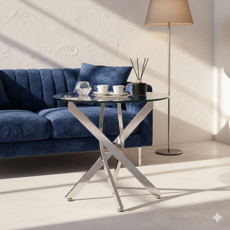 Modern Circular End Table With A Tempered Glass Top And Chrome Legs.