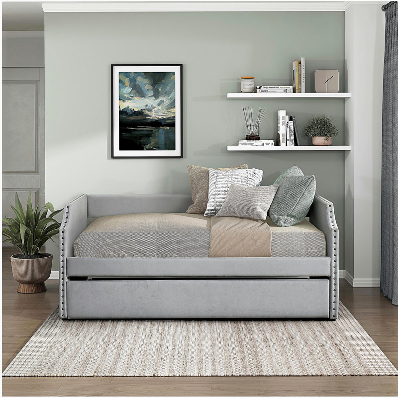 Lit de jour moderne contemporain avec lit gigogne en tissu texturé gris clair et tissu d'ameublement 1 pièce, Gris clair