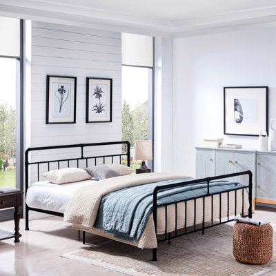 Fascinating King Size Metal Bed - Industrial Design, Iron Construction, Low Platform, Slats, No Box Spring, Black Style Frame, Profile,