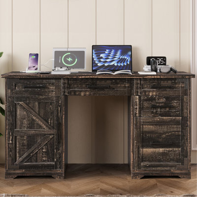Bureau de direction 55 po avec station de charge et prise de courant, bureau d'ordinateur personnel avec 5 tiroirs et armoire, table de travail en bois rustique avec tiroir classeur, gris rustique