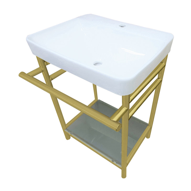 Kingston Brass Sheridan 23-Inch Ceramic Console Sink with Stainless Steel Legs and Glass Shelf (1-Hole), White/Brushed Brass