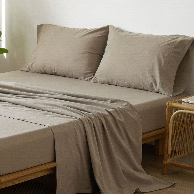 100% Washed Cotton Sheet Set Extra Deep Pocket Linen Like Textured, Queen Sheet Set with 2 Pillowcases, Tannish Linen Gray