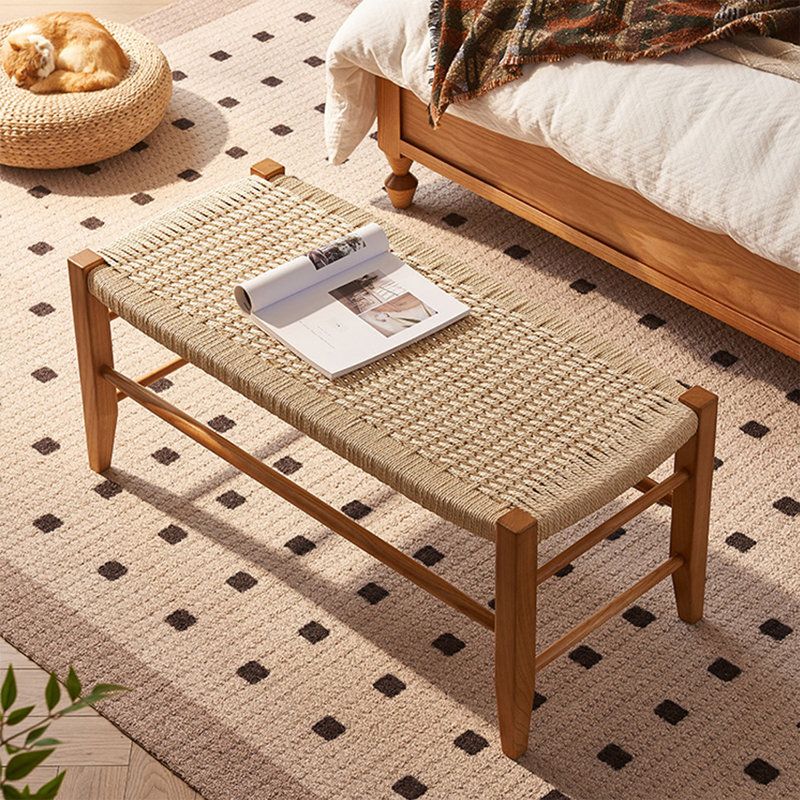 Beige Brown Solid Wood Linen Bench