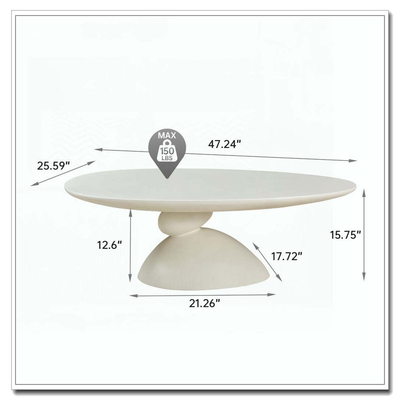 Table basse ovale en fibre de verre 47,27 "avec base sculpturale, Blanc lait
