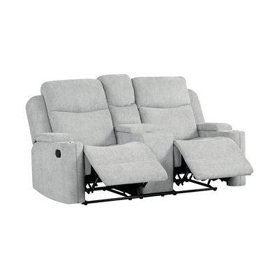 Canapé deux places inclinable de 191,7 cm (75,4 po) avec console et accoudoir de rangement, en chenille gris pâle