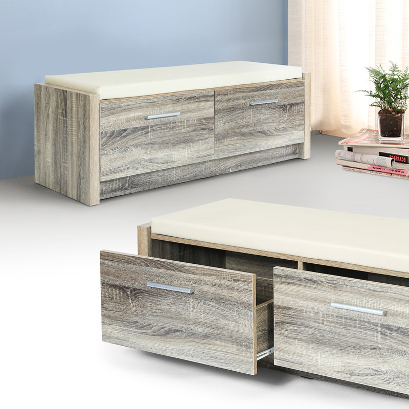 Raoul Faux Leather Upholstered Storage Bench, Cream, Grey Oak