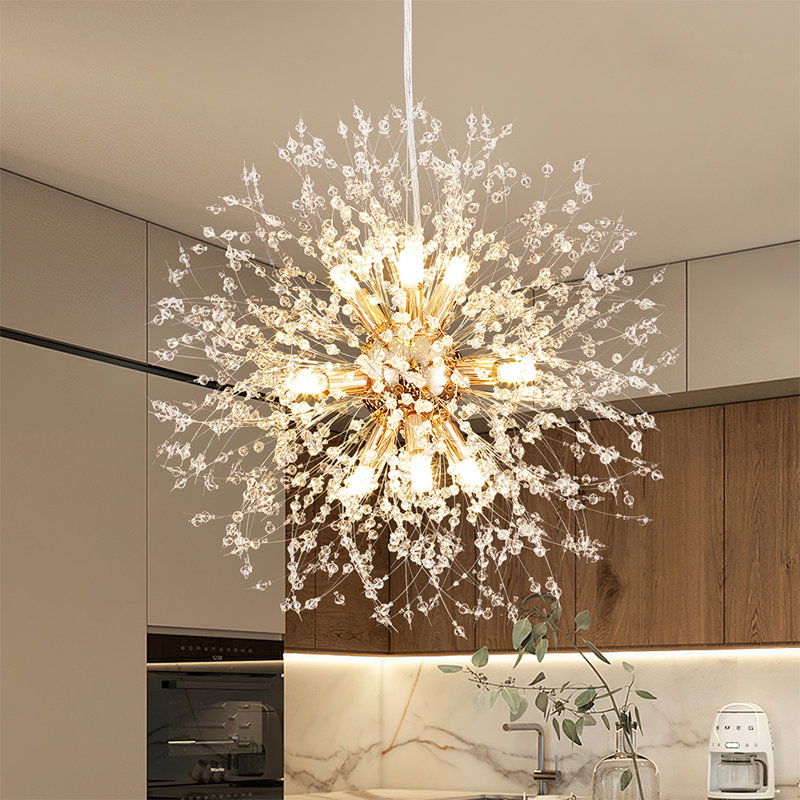 9-Lights Modern Chandelier Crystal, Gold Crystal Light Fixtures Ceiling Dandelion Firework Chandeliers