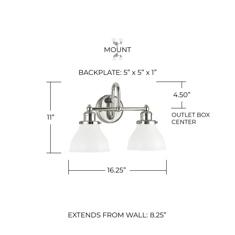 Éclairage pour salle de bain à intensité variable 2 lumières Baxter, Nickel poli, Lait