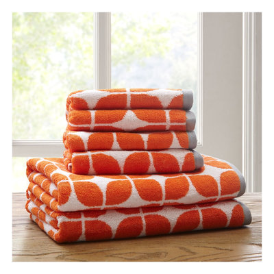 Cotton Jacquard Bath Towel Set (6-Piece) - Orange, Geometric Dobby Border, 550 GSM, OEKO-TEX Certified