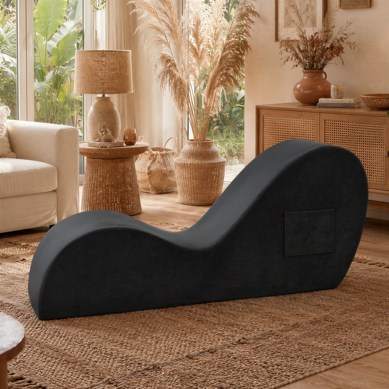 61" Upholstered Yoga Chaise Lounge with Storage Pocket, Black, Black