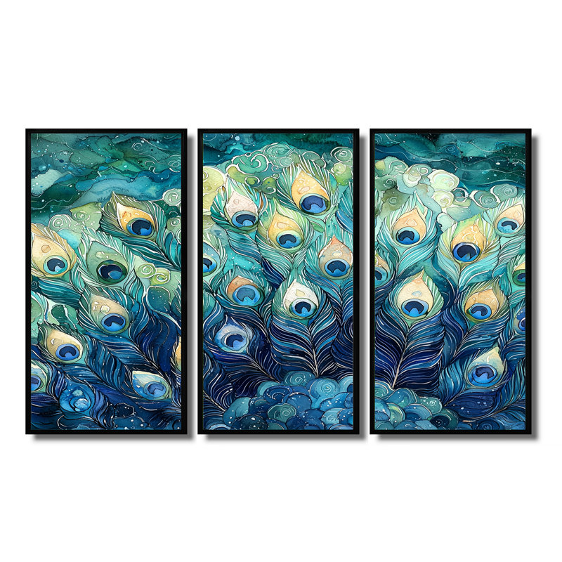 «Blue and Green Peacock Feather Collage III», art mural oiseau - ensemble de 3, H 40 po x l 60 po, Noir