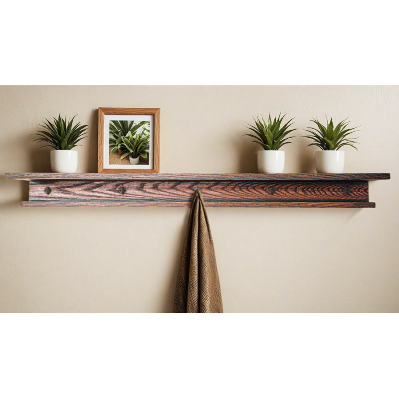 Rayne 3 Piece Oak Shelves With Hooks, 4.75" H x 60" W x 4" D
