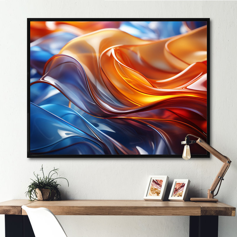 Orange et bleu, fractale surréaliste II - art mural abstrait, Cadre flottant noir, H 16 po x l 32 po