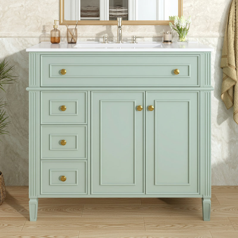 Meuble-lavabo autoportant de 36 po avec lavabo, armoire simple, tiroir rabattable à fermeture en douceur, trous de robinet pré-percés, assemblage facile, structure en bois massif