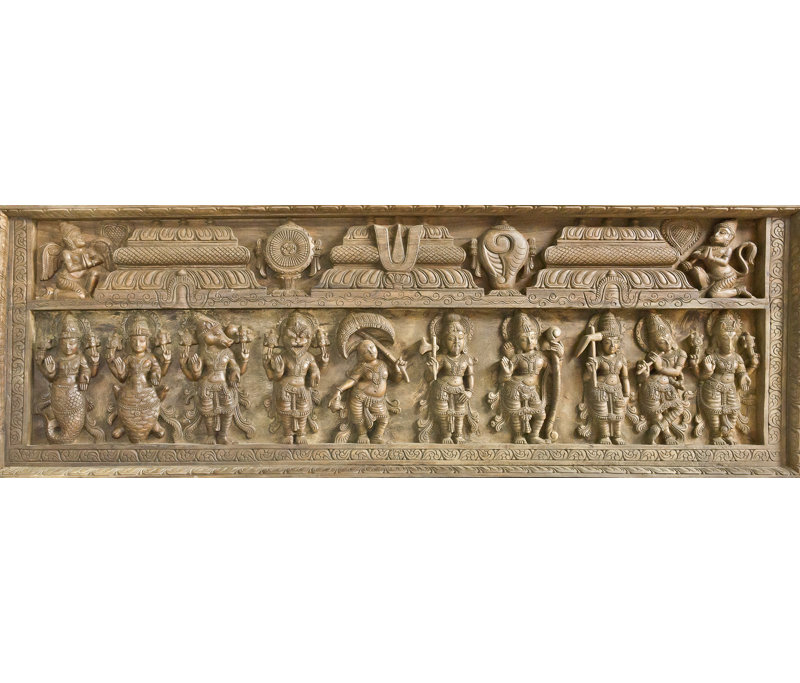 Panneau de Dashavatara (Dix incarnations du dieu Vishnu - de la gauche Matshya, Kurma, Varaha, Narasimha, Vaman, Parashurama, Rama, Balarama, Krishna et Kalki)