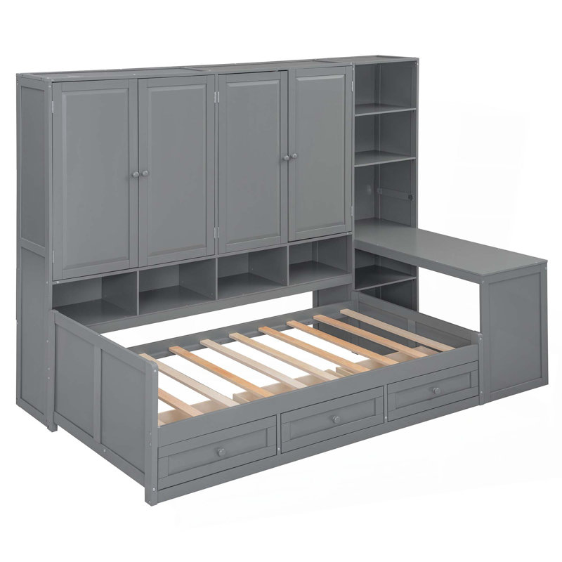 Lit de jour en bois avec trois tiroirs, armoire tout-en-un, bureau et tablettes, Lit simple, Gris