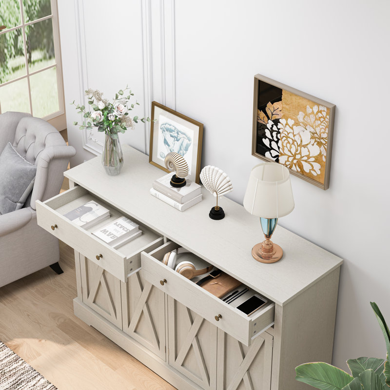 Buffet de rangement avec deux tiroirs et quatre portes, Blanc