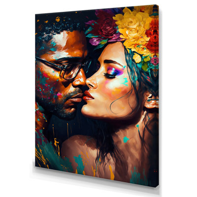«L Love Couple Kissing Floral Design VI», art mural traditionnel sur toile