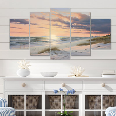 Coucher de soleil rose pastel sur la plage - reproduction d'art sur toile - 5 panneaux