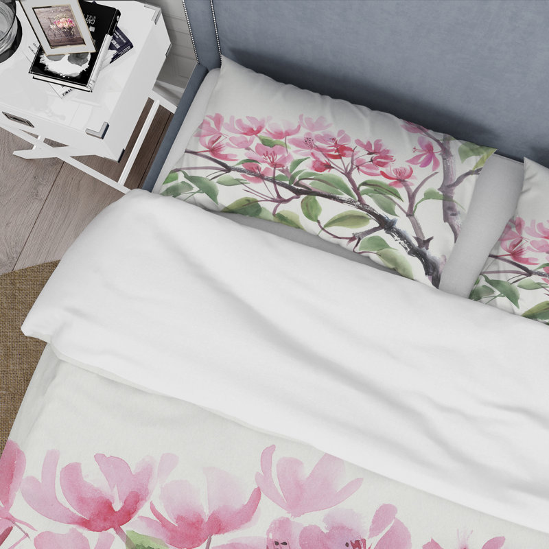 Arbre rose en fleurs - ensemble de housse de couette traditionnel - microfibre de polyester