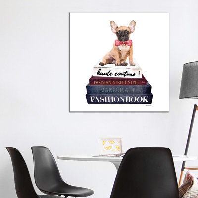 Stack Of Fashion Books With A French Bulldog by Amanda Greenwood - Wrapped Canvas Print