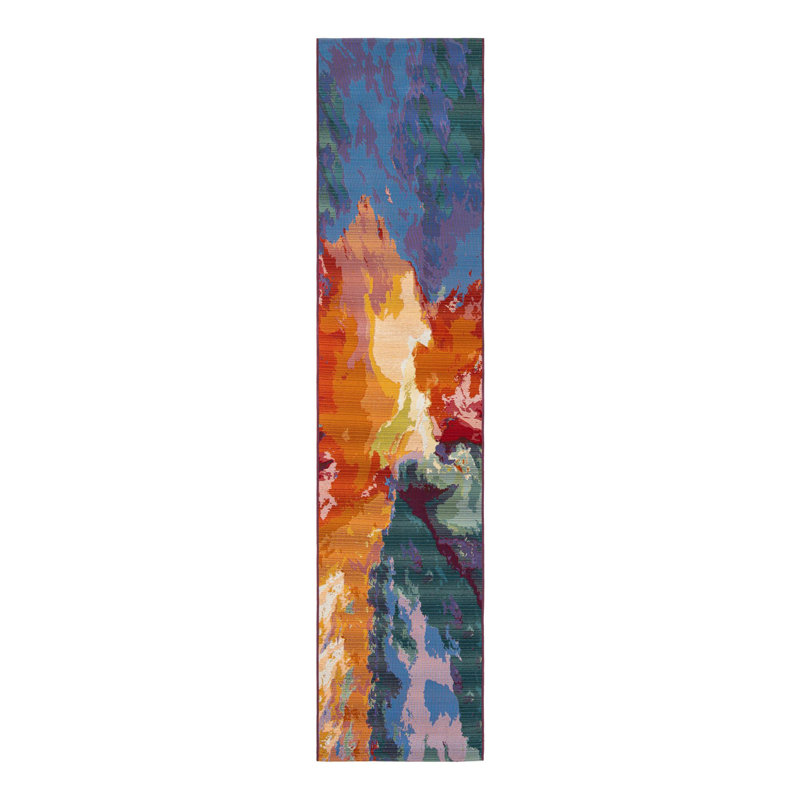 Azaleea Power Loomed Polypropylene Outdoor Are Rug in Blue/Red/Orange, Runner 2'7" x 12'