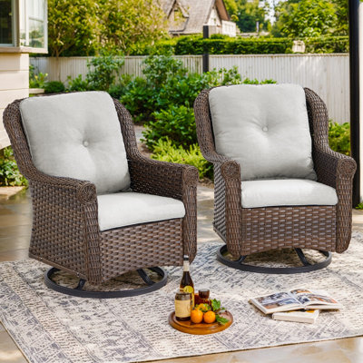Floral Outdoor Wicker Swivel Glide Chair with Cushions (Set of 2) by Red Barrel Studio