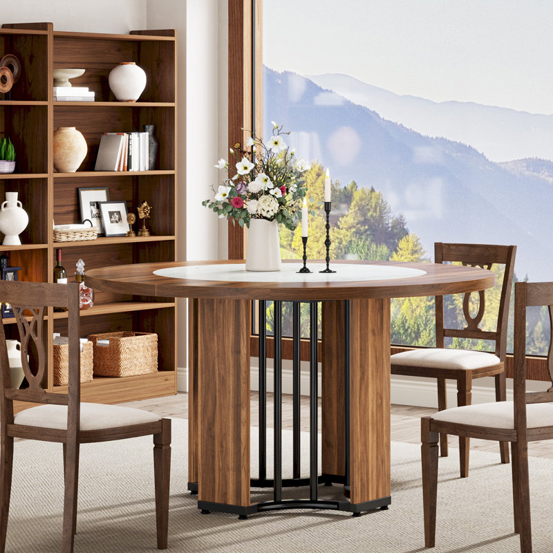 47" Round Dining Table, Wood Circle Traditional Dining Room Table for 4, Walnut