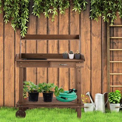 Table de rempotage en bois de 91 cm (36 po) avec 2 roulettes amovibles, évier, tiroir et grand espace de rangement, banc gris offrant un espace généreux pour les travaux de jardinage extérieurs