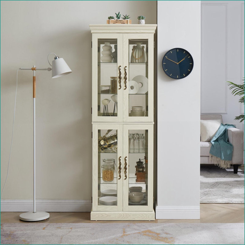 Cabinets Lighted Glass Curio with Antique White Wood Frame, Adjustable Shelves, Bulb Included | Shabby Chic | Living Room