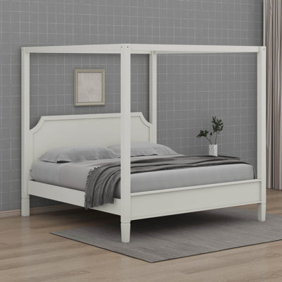 Lit à baldaquin avec tête de lit et pieds de support, cadre de lit plateforme en bois avec 4 affiches en bois