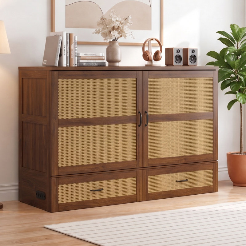Grand lit à armoire avec tiroirs, matelas en mousse viscoélastique et convertible en 3 étapes, Black Walnut