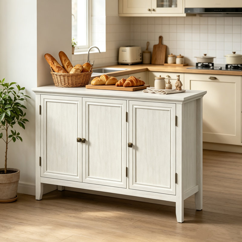 Organisateur de crédence en bois, buffet avec 3 portes et tablettes réglables, buffet de style bohémien de 47,2 po de largeur pour le salon, le couloir, la chambre à coucher, blanc grisâtre
