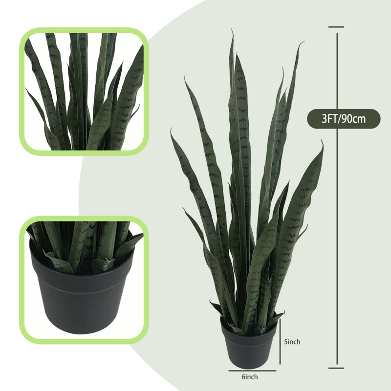 Plante de serpent artificielle verte 3 pi | Fausse plante sansevieria | Décoration d'intérieur classique pour chambre à coucher
