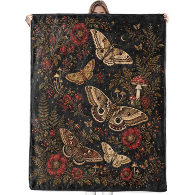 Couverture en flanelle à motif floral gothique et champignons, 152 x 203 cm