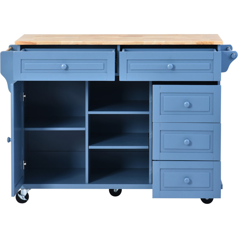 Chariot de cuisine avec îlot de cuisine mobile en bois d'hévéa avec rangement et 5 tiroirs, longueur de 53 pouces, Bleu