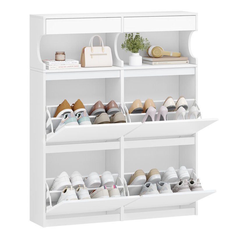 Shoe Cabinet with 2 Drawers, Pull Down Shoe Cupboard with Open Compartment, Shoes Rack Cabinet for 16-20 pairs of Shoe, Boots for Hallway, Living Room, White, 4 Flip Drawers (100Wcm) 