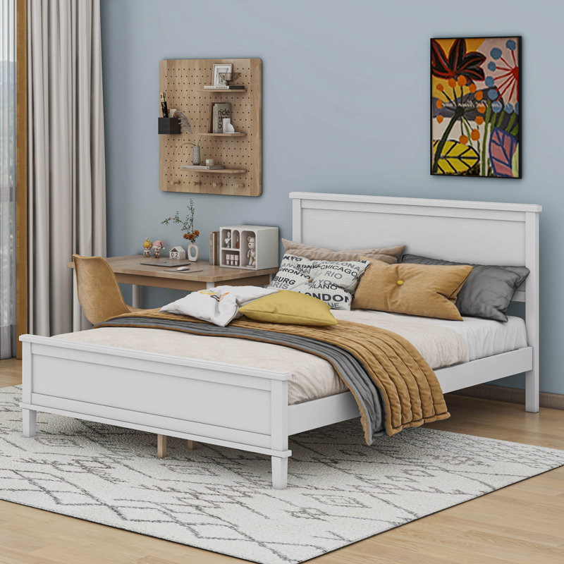 Grand lit plateforme en bois Mid-Century, Blanc, Double