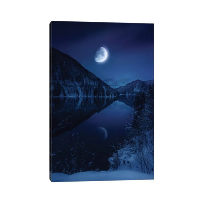 Moon Rising Over Tranquil Lake In Misty Mountains by Evgeny Kuklev - Wrapped Canvas Print