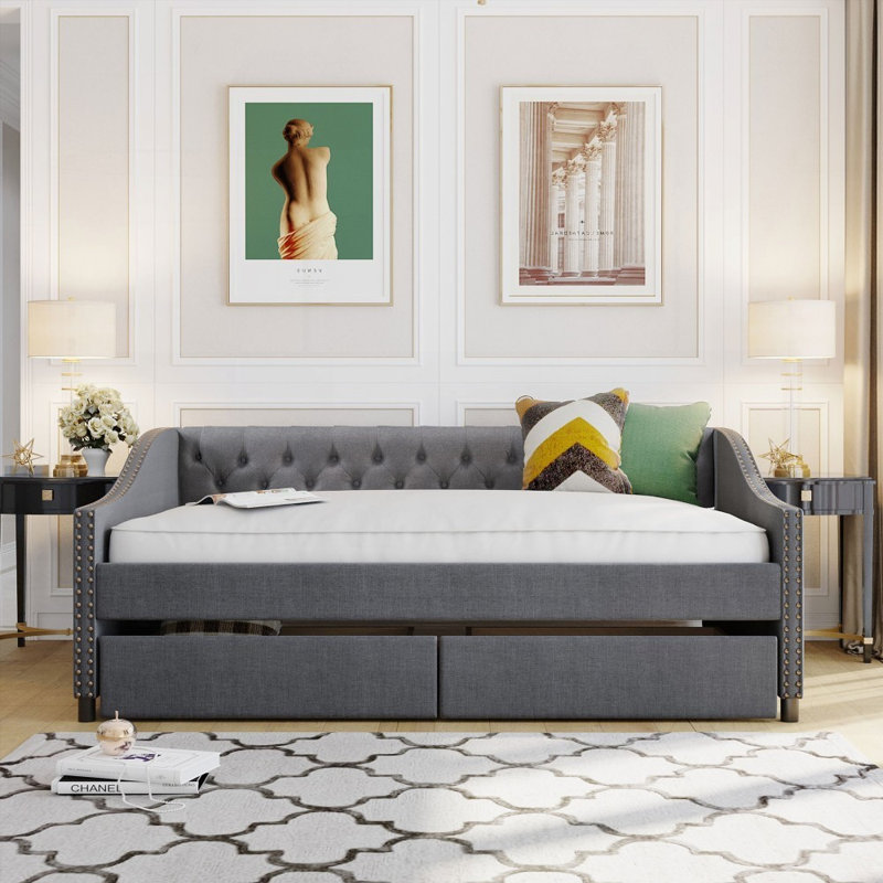 Full Size Upholstered Daybed with Two Drawers, Wood Slat Support, Gray (No Box Spring Needed, Sturdy &amp; Durable)