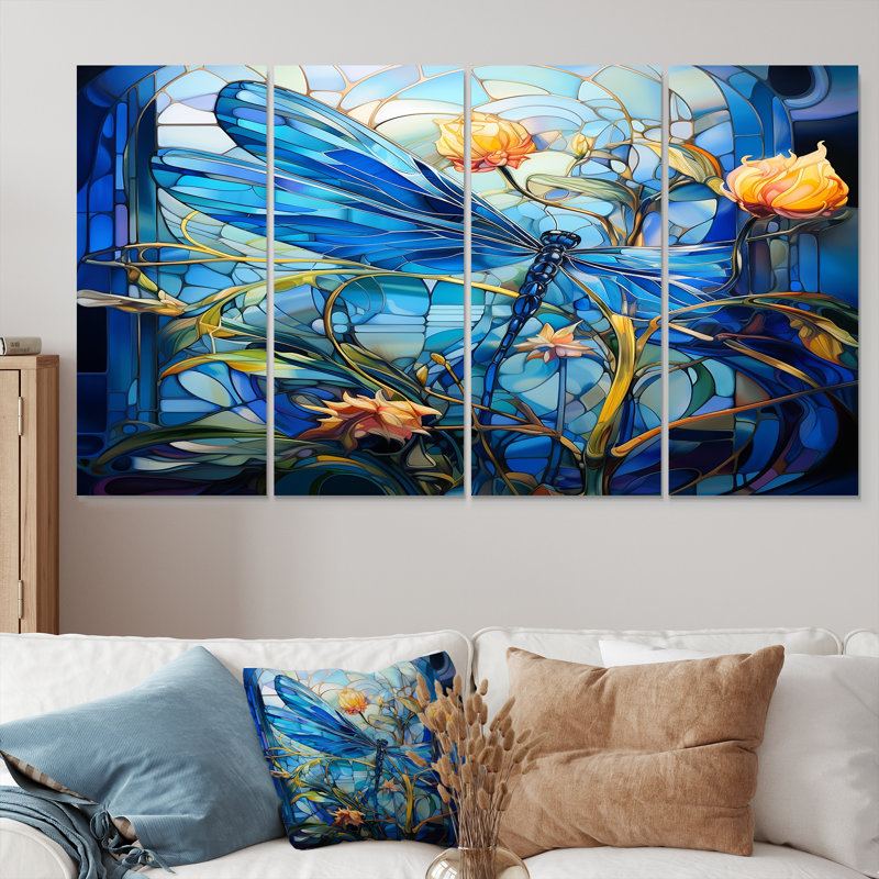 «Blue Dragonfly Yellow Flowers - Dragonfly Animal», ensemble d'art mural 4 pièces, H 28 po x l 48 po