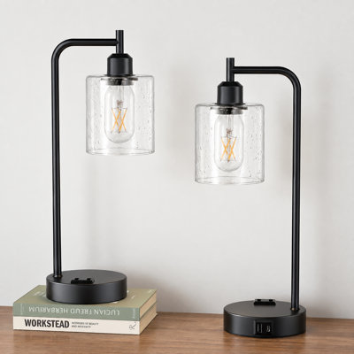 16.5'' Industrial Black Table Lamps with Seeded Clear Glass Shade, Touch Control and Charging Ports