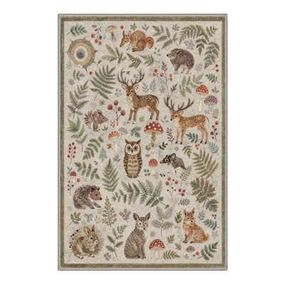 Abidi Woodland Rustic Animals Machine Washable Beige / Brown / Green 3' x 5' Doormat with Non-Slip Backing