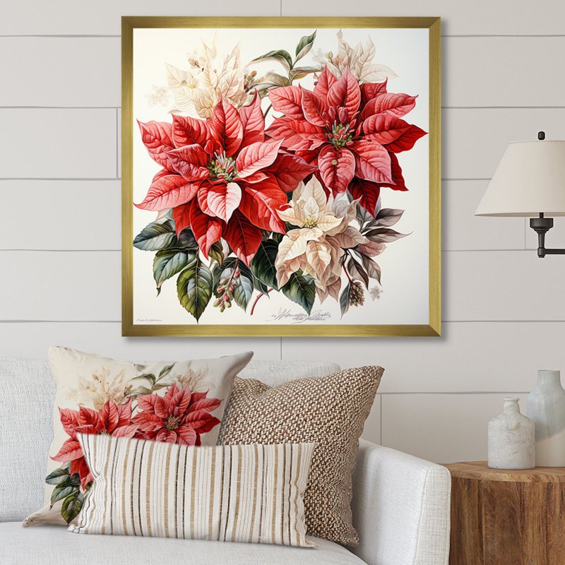 Charmant poinsettias sur toile, Cadre doré simple, H 16 po x l 16 po x P 1 po