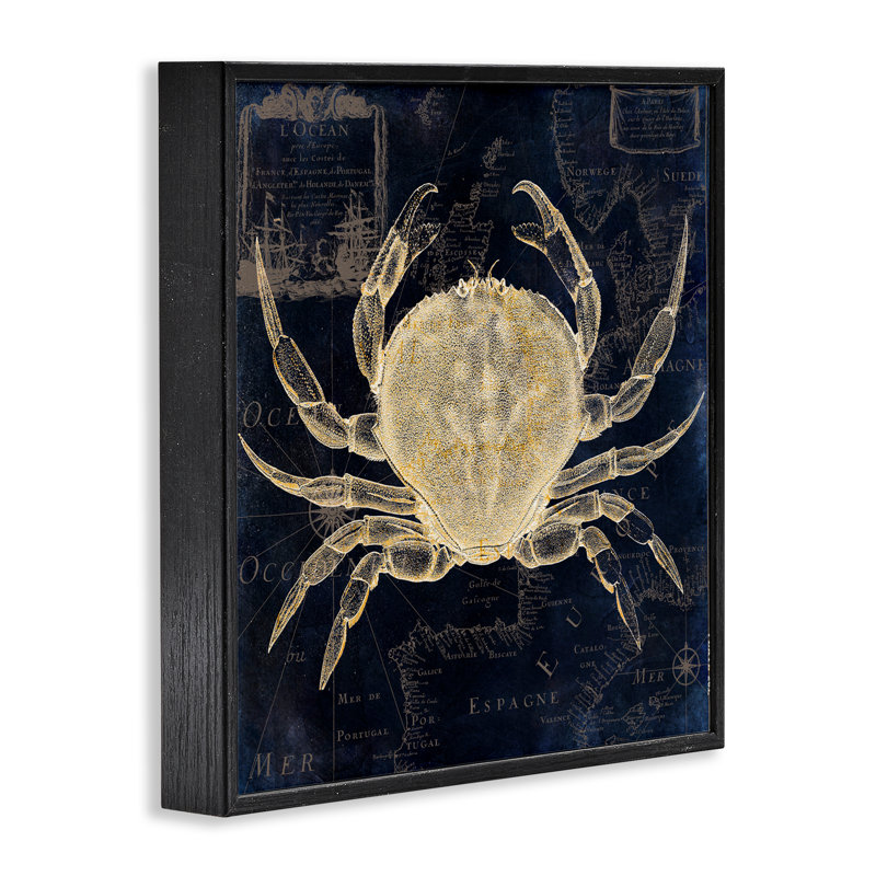 Giclée encadrée de crabe sur une carte, conception de Sasha, Giclée encadrée noir minuit, H 12 po x l 12 po