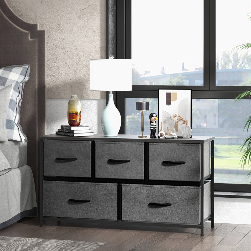 Kathiria 39.4"W 5 Drawer Small Dresser, Kid Dresser, Gray/Black