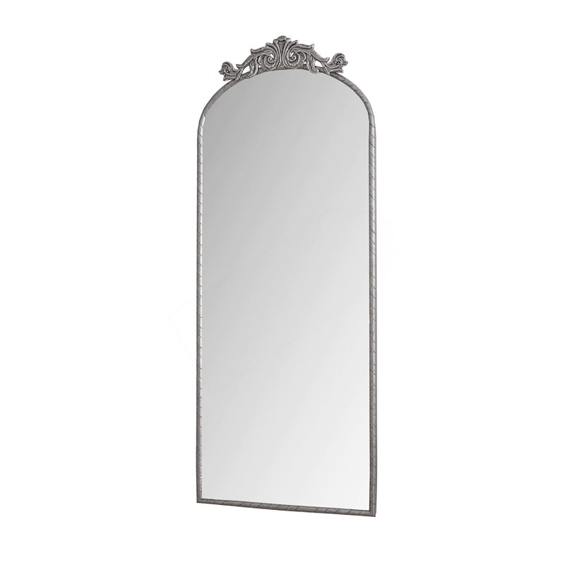 Wall Mounted Arched Full Body Mirror with Vintage Ornate Carved Applique on Top, Antique Silver