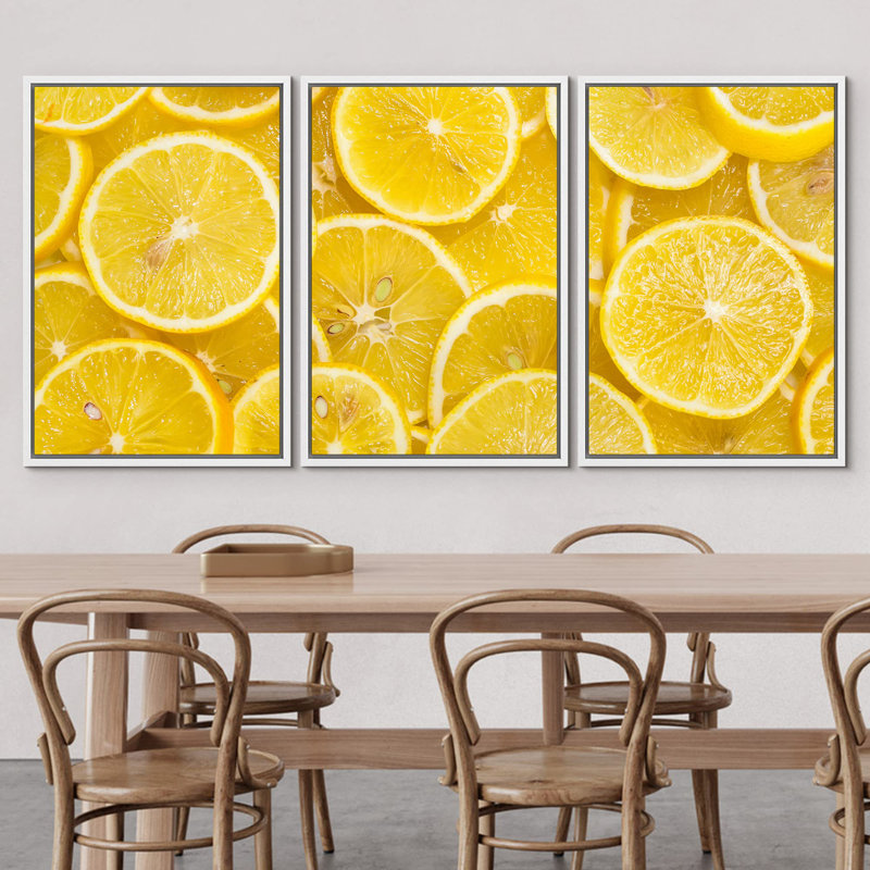 Impression de cuisine sur fond de citrons mûres tranchées sur toile, 3 pièces, Cadre flottant blanc, H 24 po x l 16 po