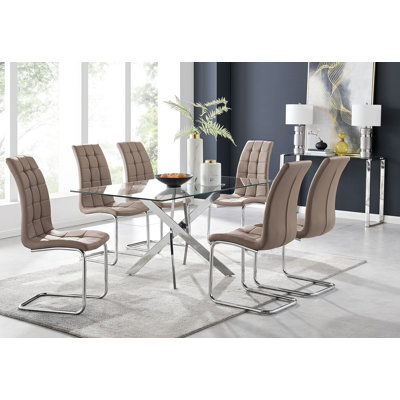 Lenworth Modern Chrome Metal and Glass Dining Table Set with 6 Luxury Faux Leather Dining Chairs
